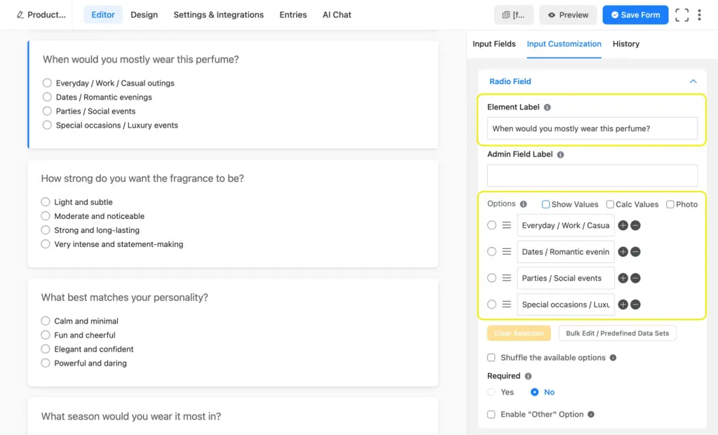 add quiz questions and options using radio fields