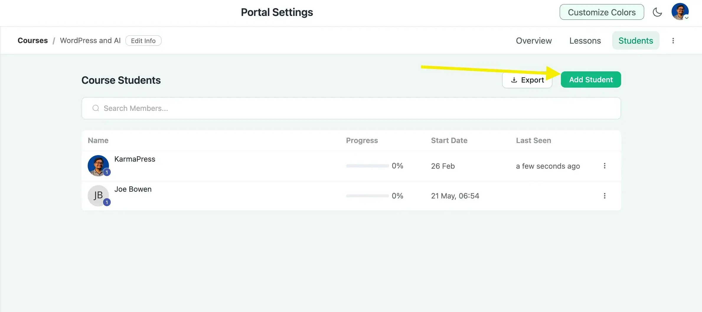 Course Students management page in FluentCommunity with the green 'Add Student' button highlighted in yellow.