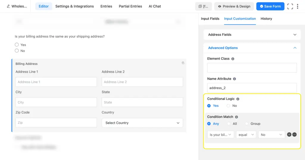 apply conditional logic on billing address to show it if it's not same as shipping address