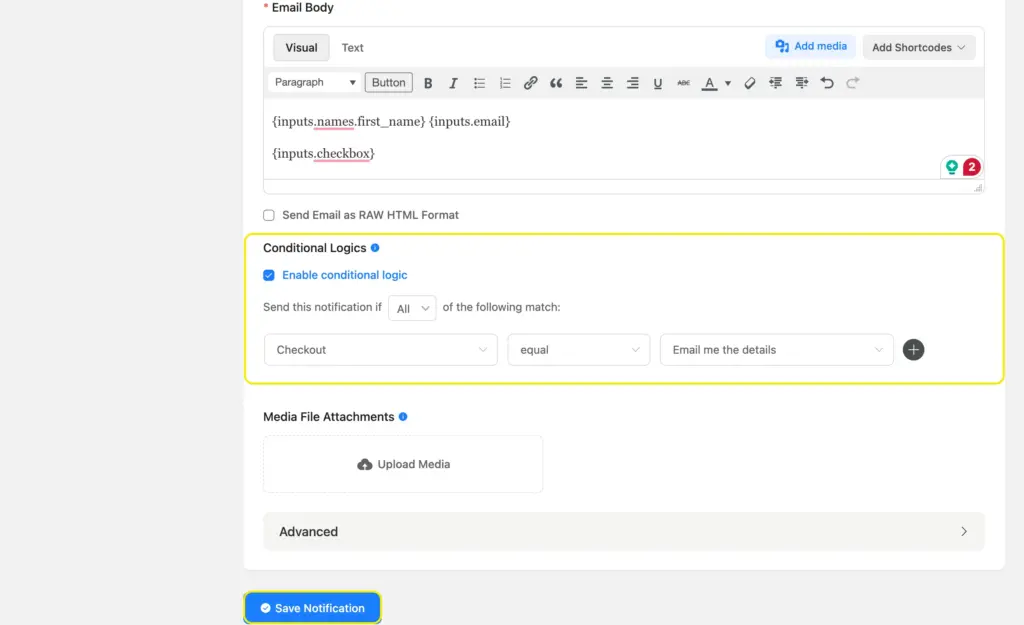 conditional logic in email notification