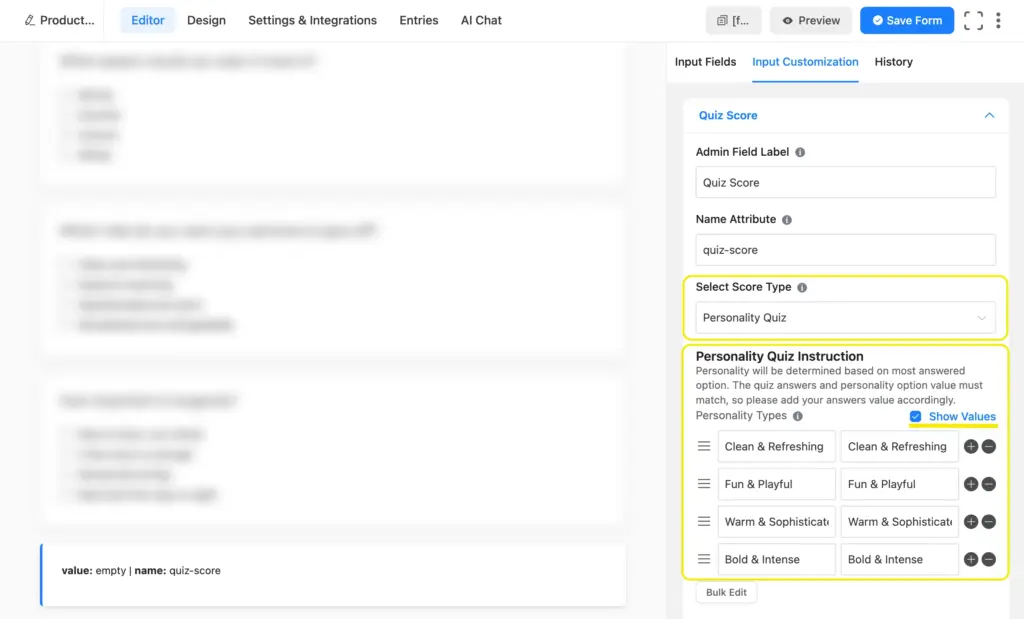 configure the quiz score field