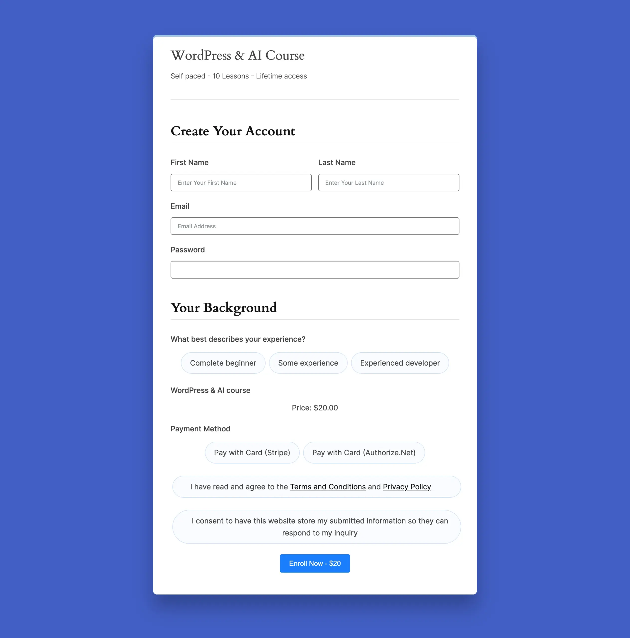 A full course enrolment form with, name, email, radio, stripe payment, terms & conditions, and GDPR field.
