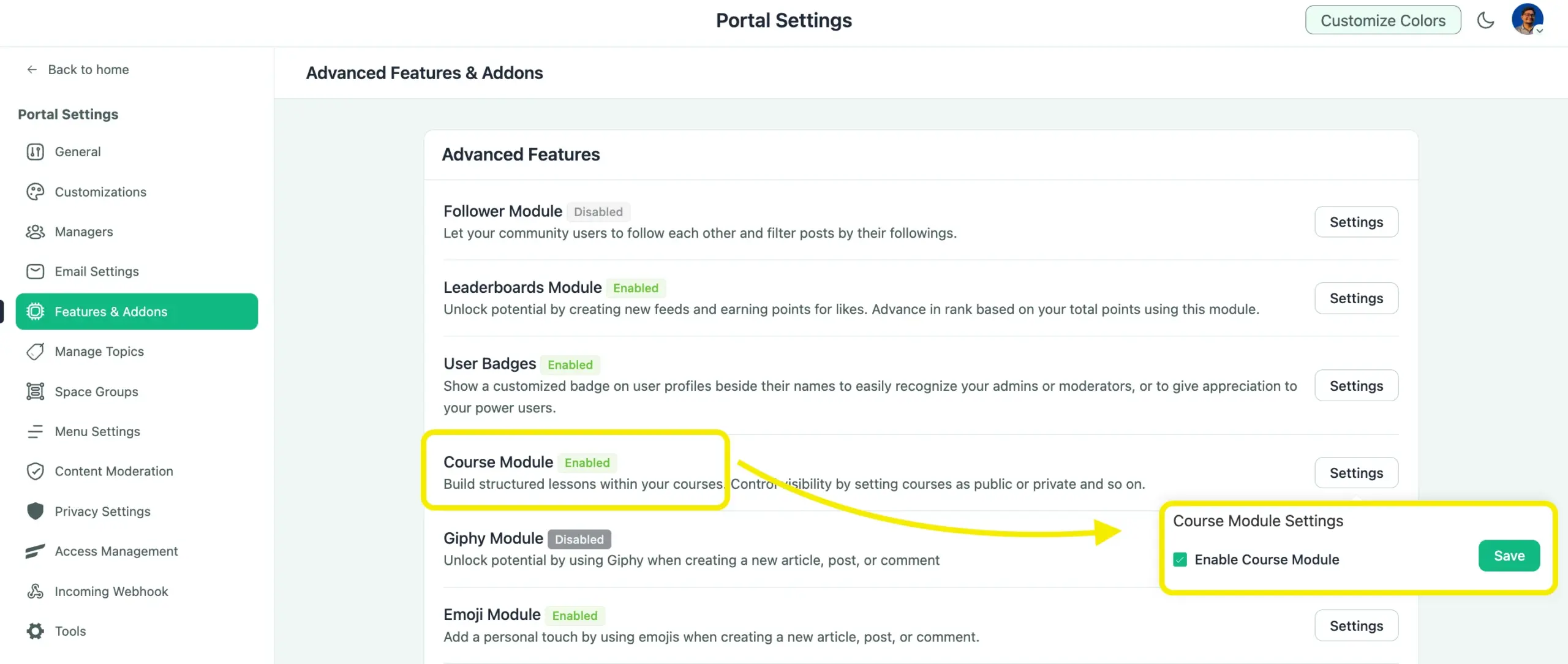 FluentCommunity Portal Settings >  Features & Addons page with the Course Module enabled and highlighted.