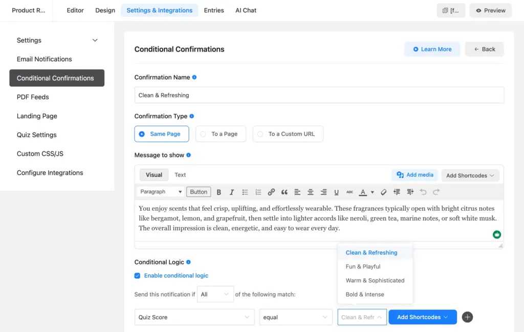 customize a confirmation message for each product type