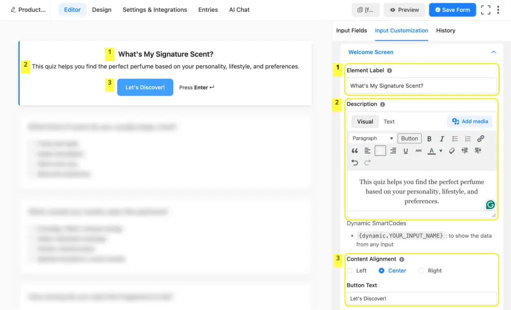customize your product recommendation quiz welcome screen