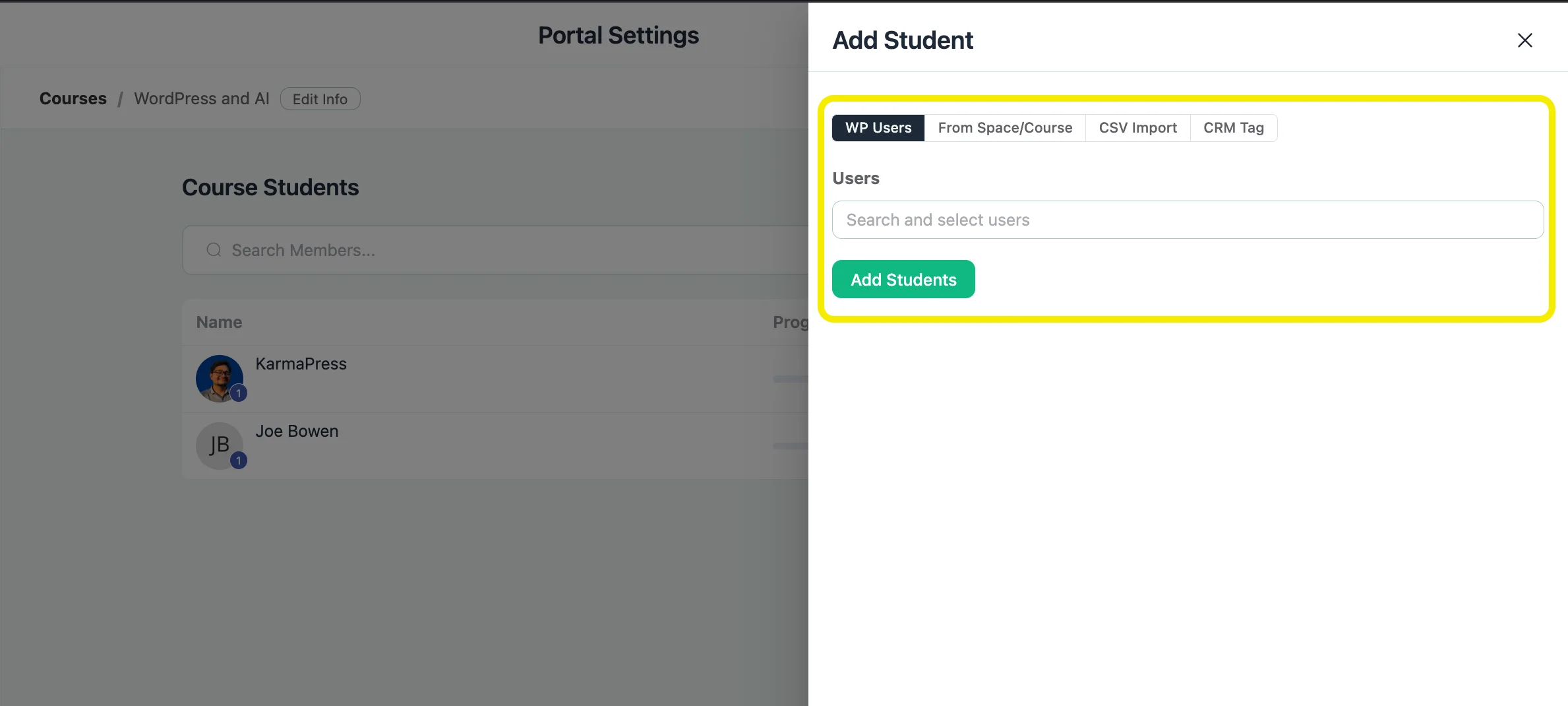 Add Student modal window in FluentCommunity showing the 'WP Users' tab for manually adding existing WordPress users to a course.
