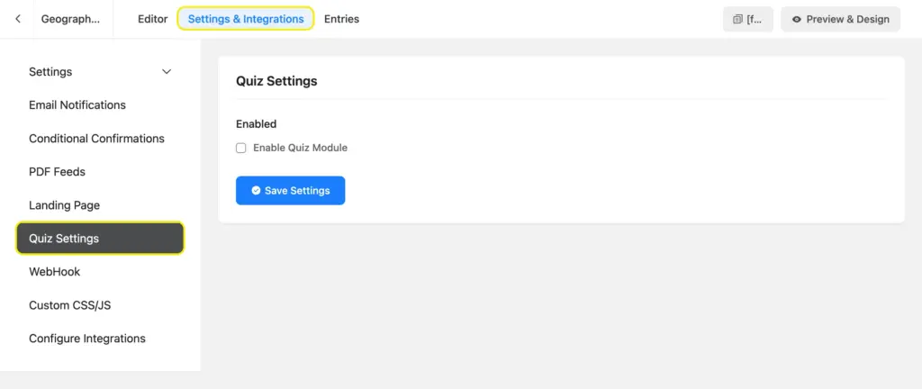 enable quiz module for individual forms