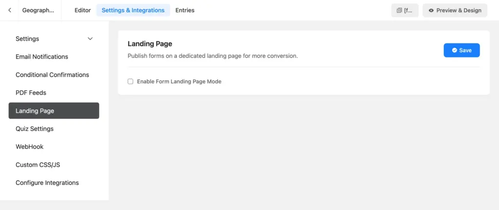 enable the form landing page mode for your quiz form
