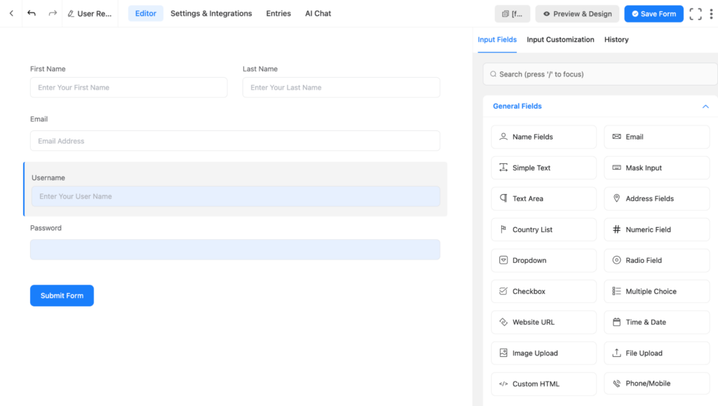 Easily choose and customize the required fields of a User Registration form, using Fluent Forms.