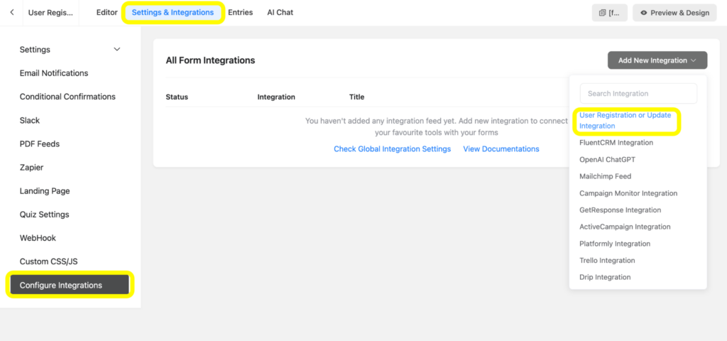 Go to the Settings and Integrations of a Fluent Forms' form and add the relevant integration for user registration.