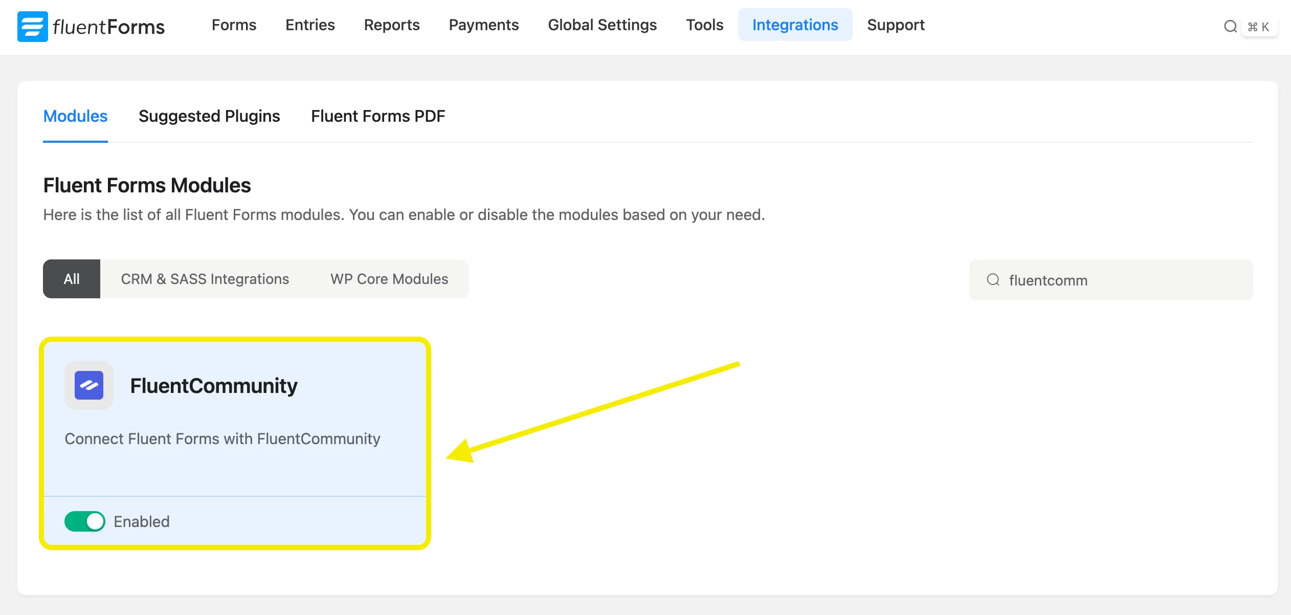 FluentForms Integrations page showing the FluentCommunity module enabled with a yellow highlight