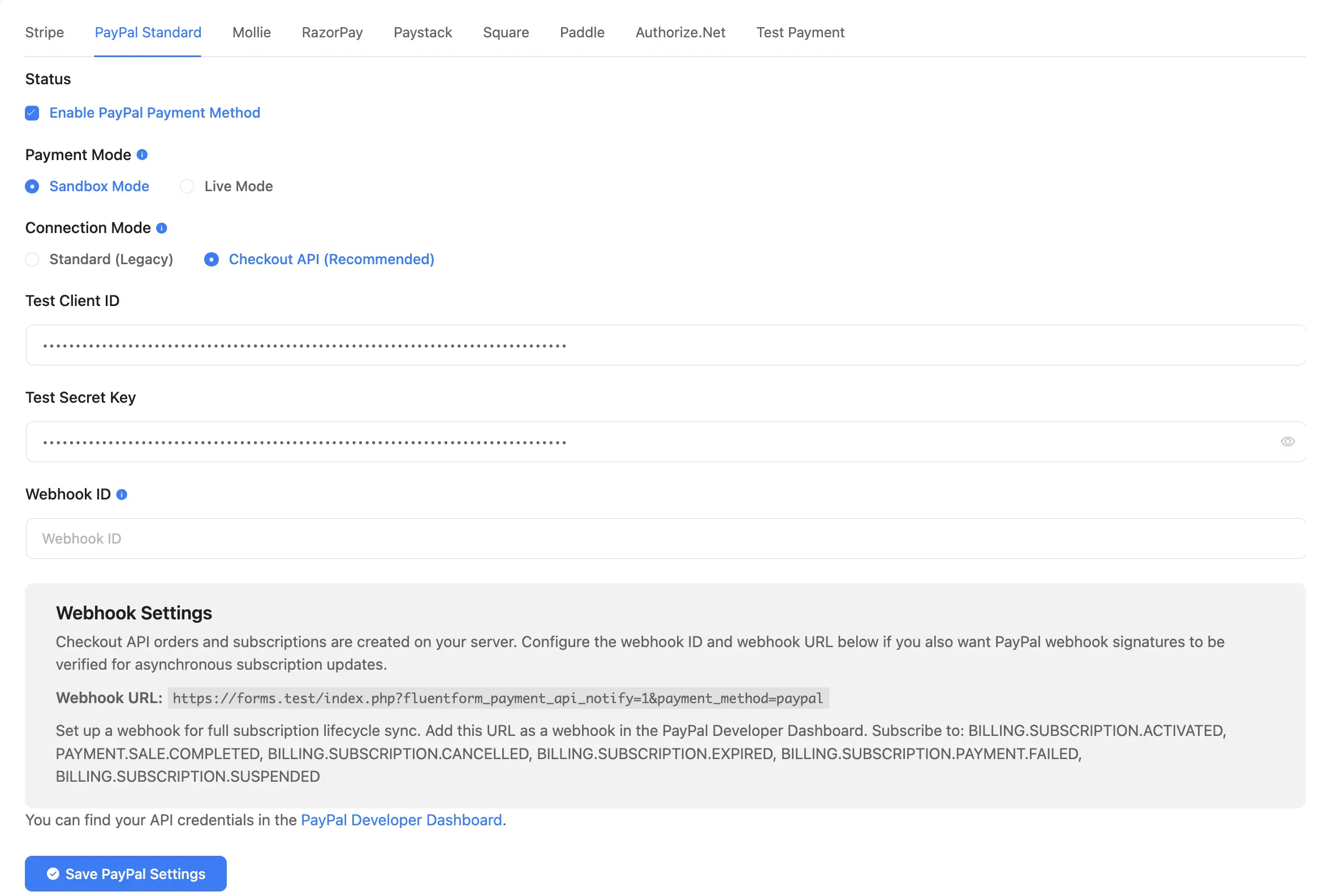 PayPal payment field configuration showing the new Checkout API option with Orders v2 and Subscriptions v2 endpoints