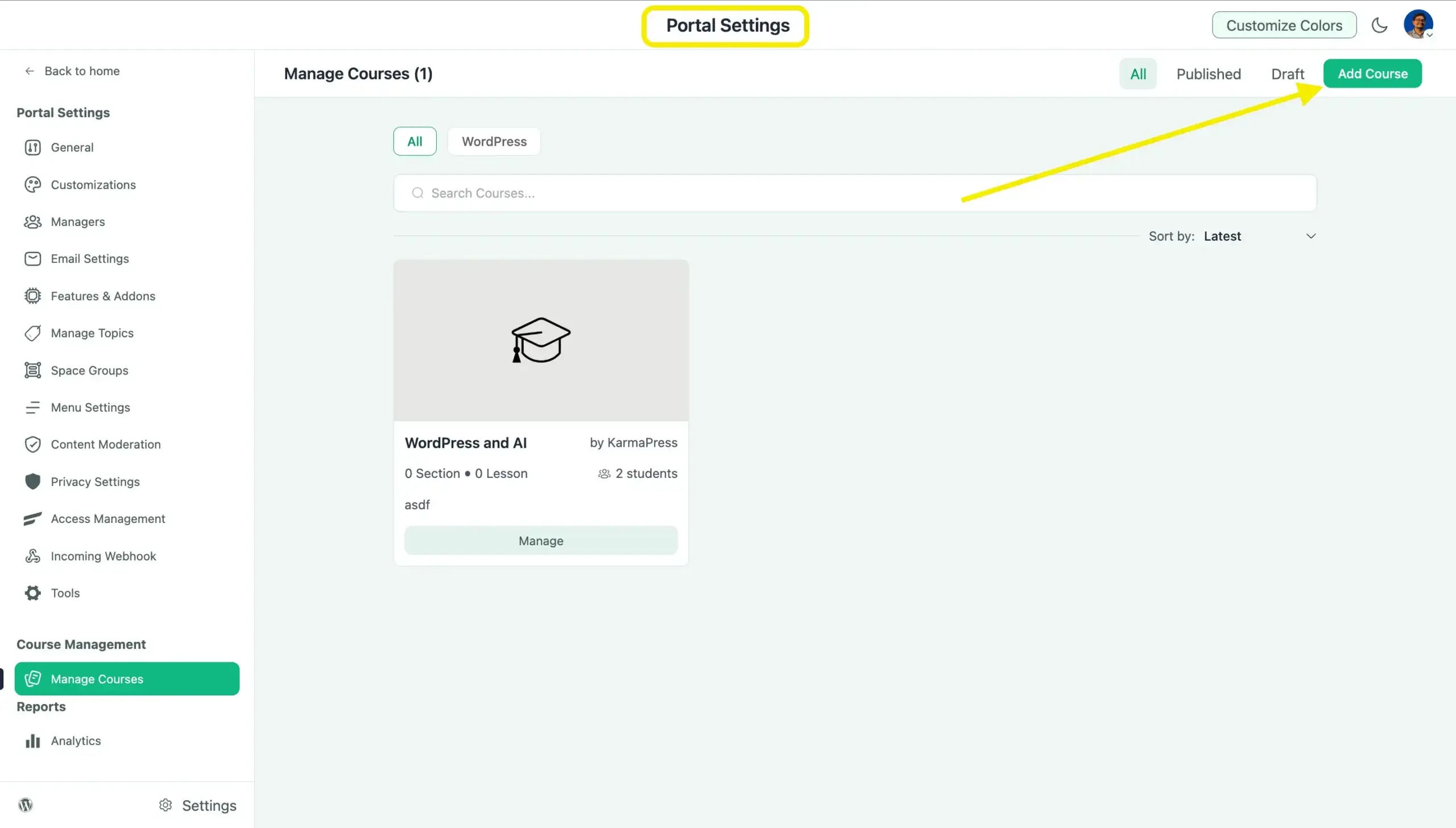 Portal Settings > Manage Courses page with the green 'Add Course' button highlighted in yellow.