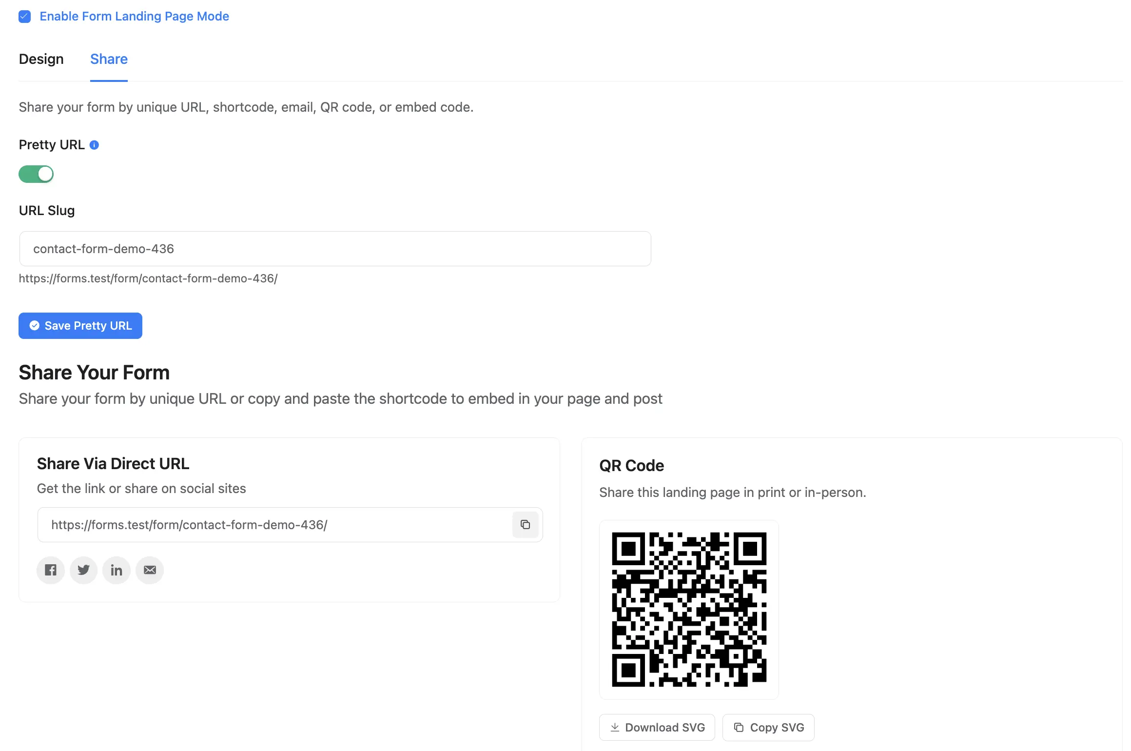 Share settings panel showing pretty URL configuration with editable slug and live preview of the resulting URL