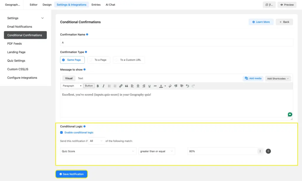 save settings after adding or editing conditions