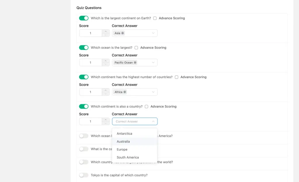 select correct answer and assign points to each quiz question 67202