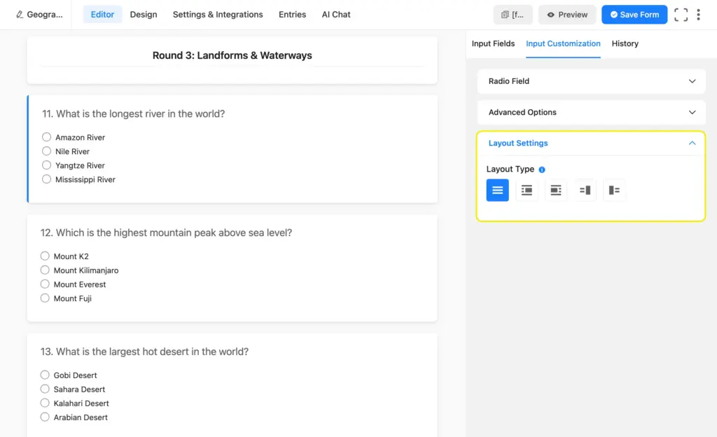 select the layout for each quiz question in the conversational form mode