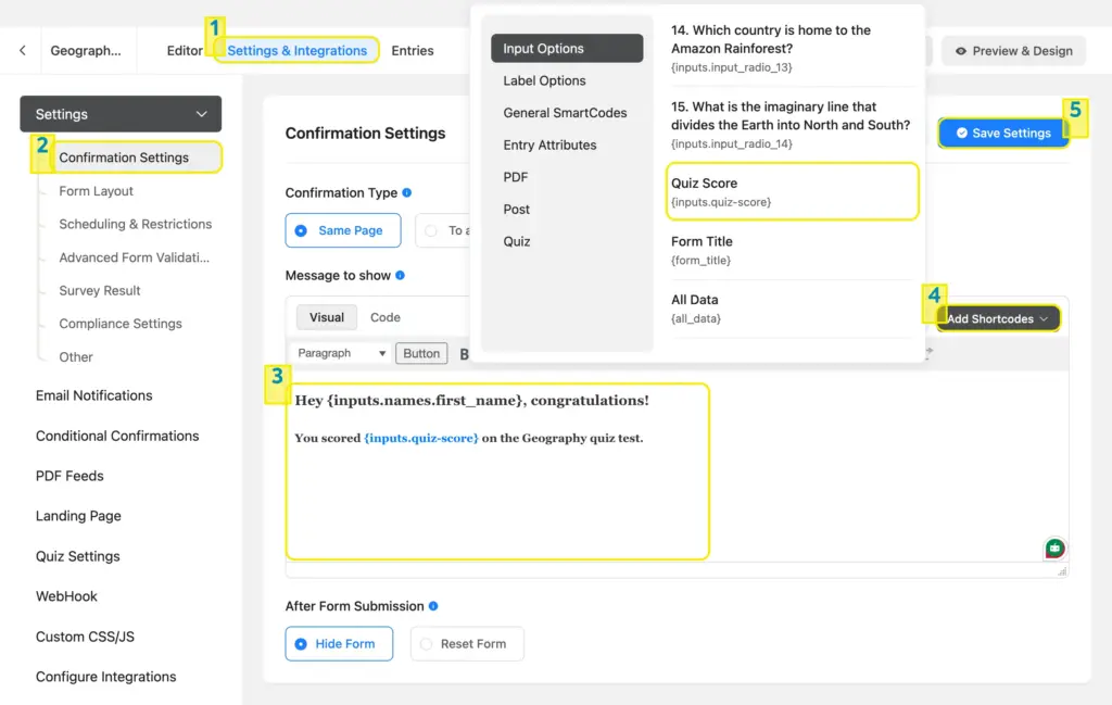 set up a custom confirmation message with percentage quiz score 67202