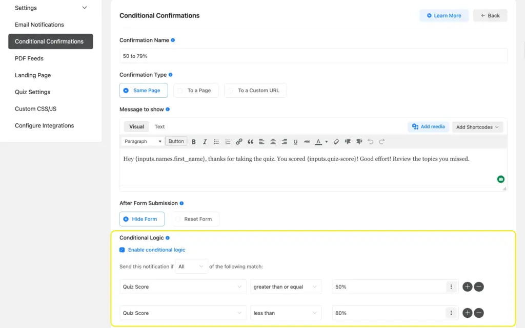 setup conditional confirmation messages for different score ranges 67202