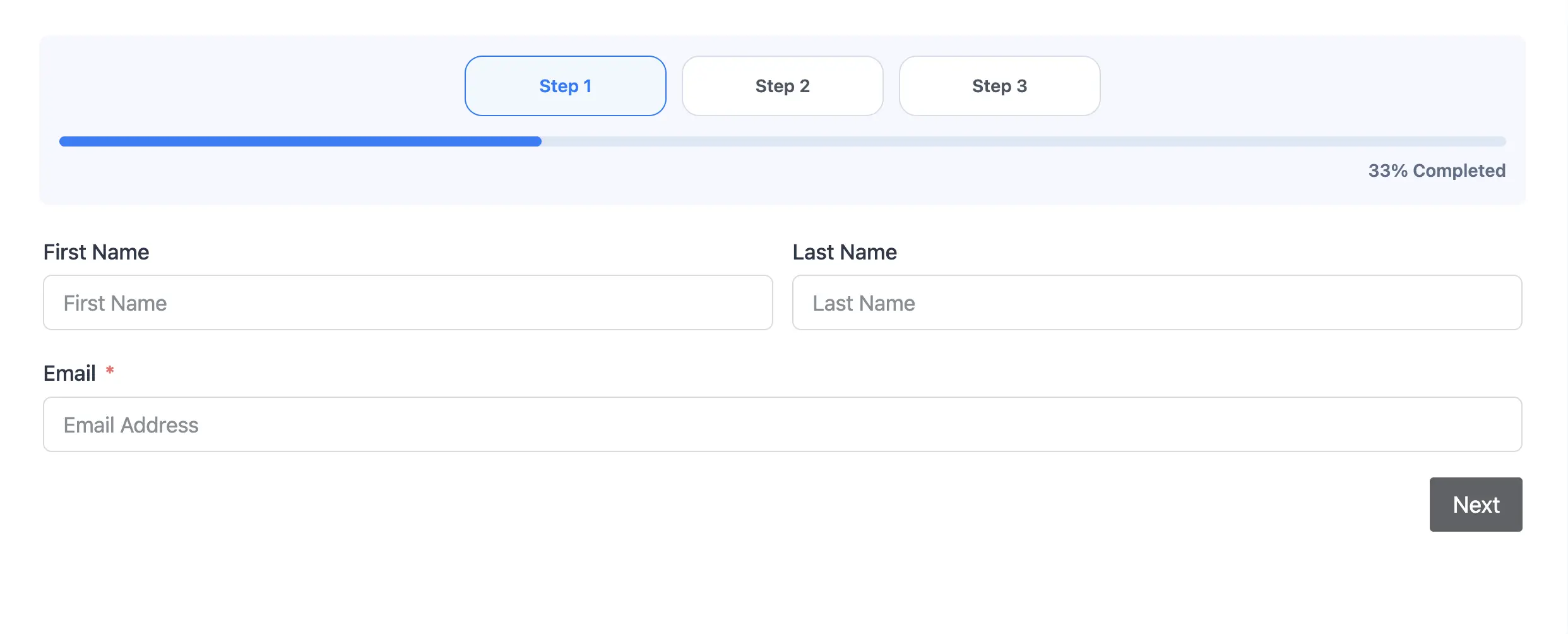 Multi-step form showing the new Tabs step indicator with Top layout and clickable step titles