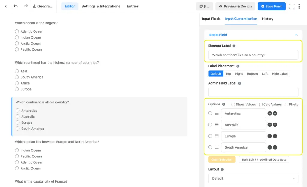 take a radio field to add your quiz questions and options