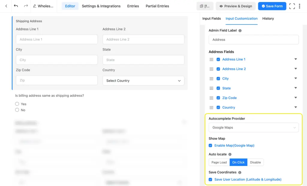 turn on address autocomplete feature