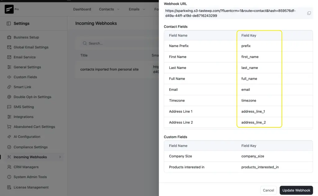 A list of field keys that you can use for data mapping