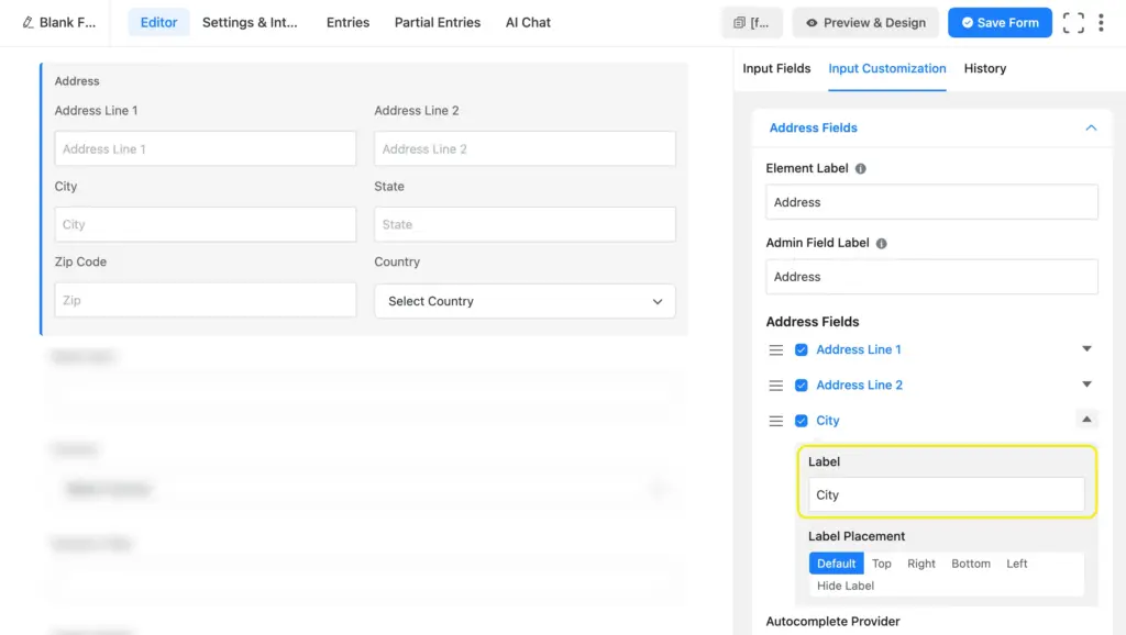 Add label to each sub-field you use in your form