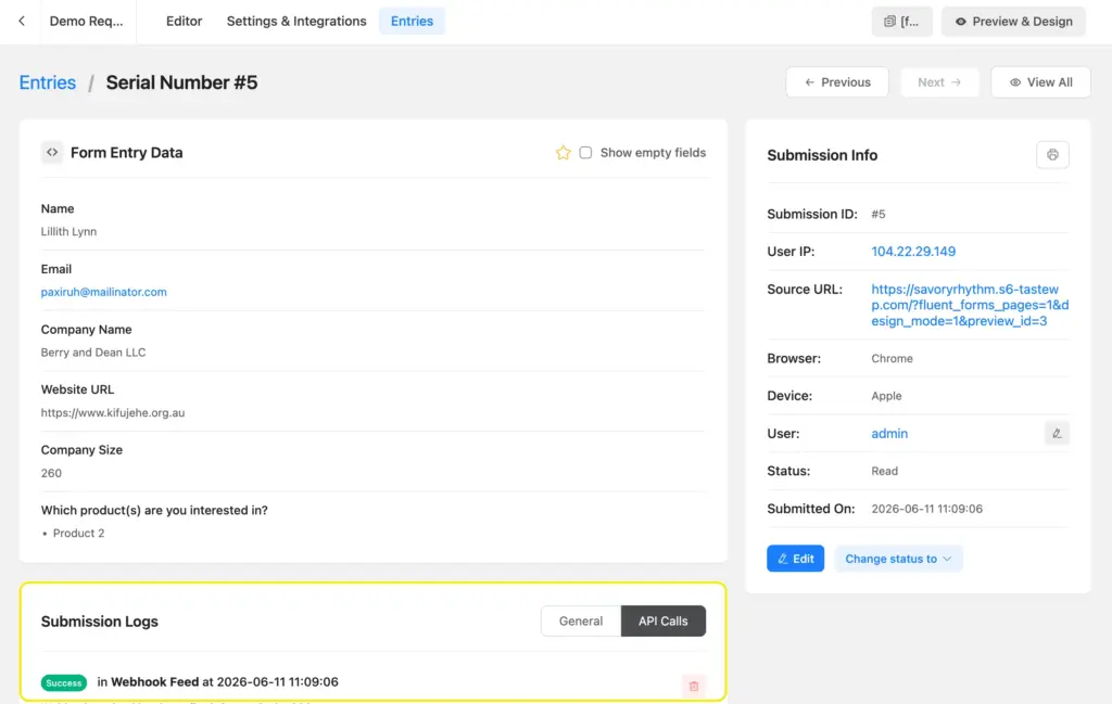 Check the API calls log in Fluent Forms entries to see if the request was successful