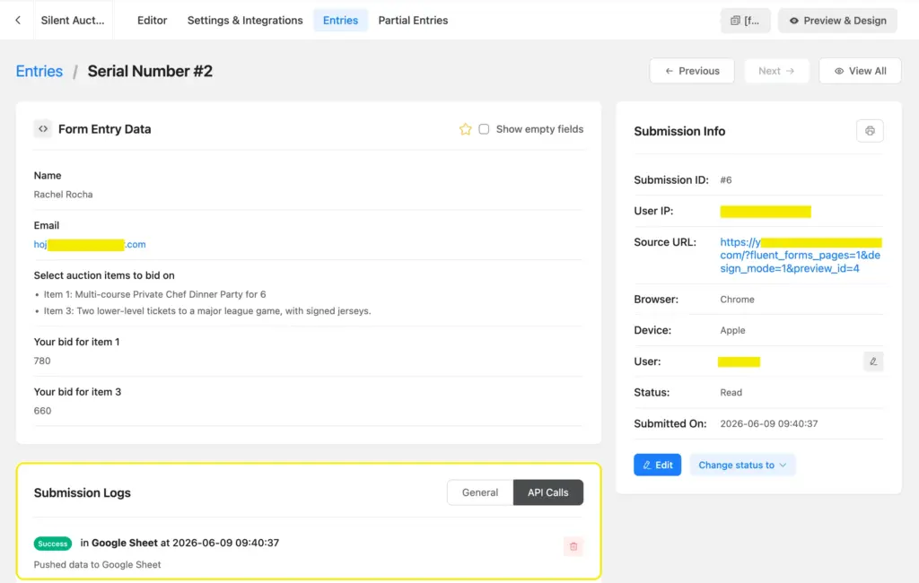 Check the API log for a specific entry