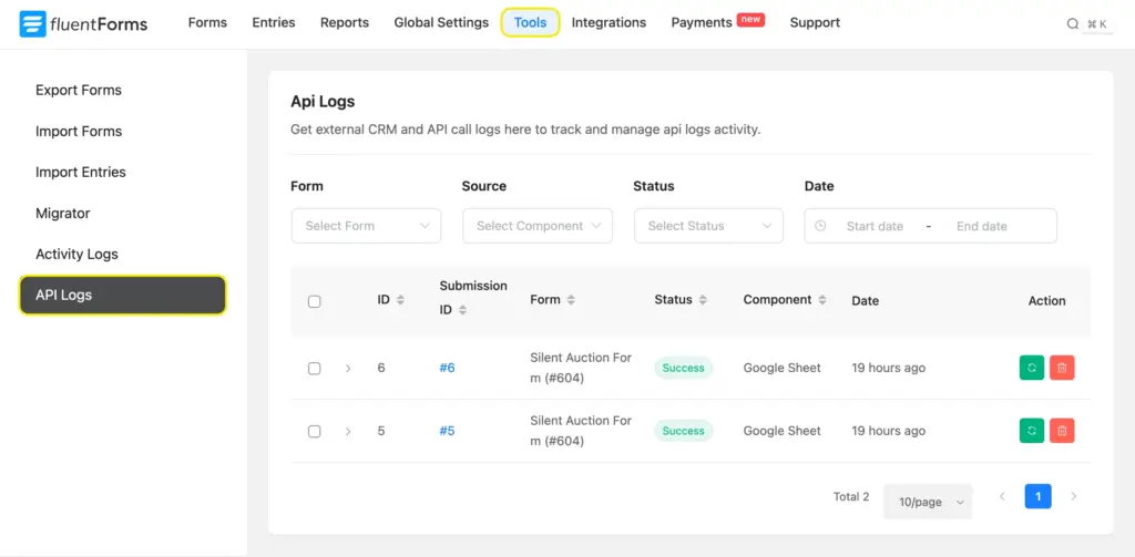 Check the API log for all entries at once