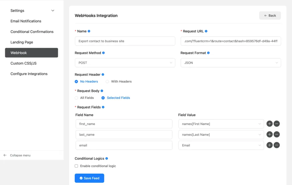 Configure the webhook integration feed in Fluent Forms