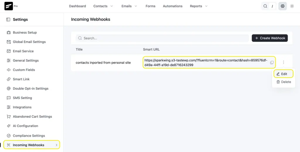 Copy the webhook URL and field keys