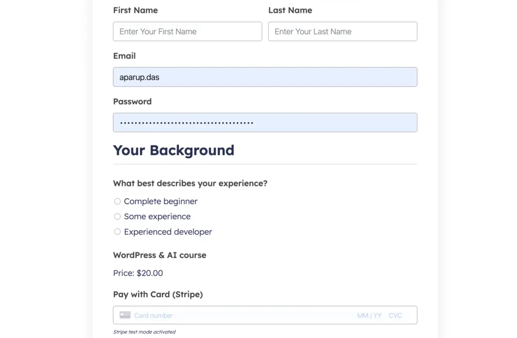 Fluent Forms course enrollment form screenshot