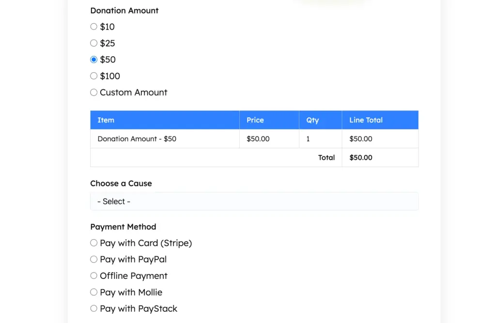 Fluent Forms donation form screenshot