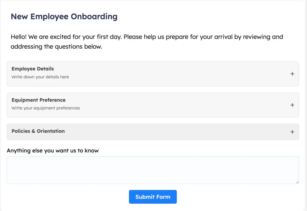 New Employee onboarding form template screenshot Fluent Forms