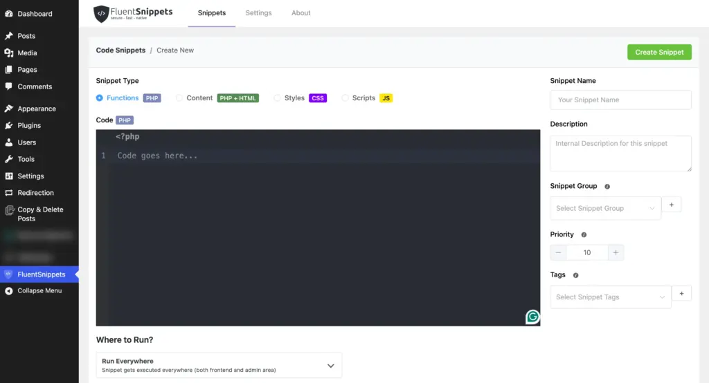 Enter hook code via FluentSnippets