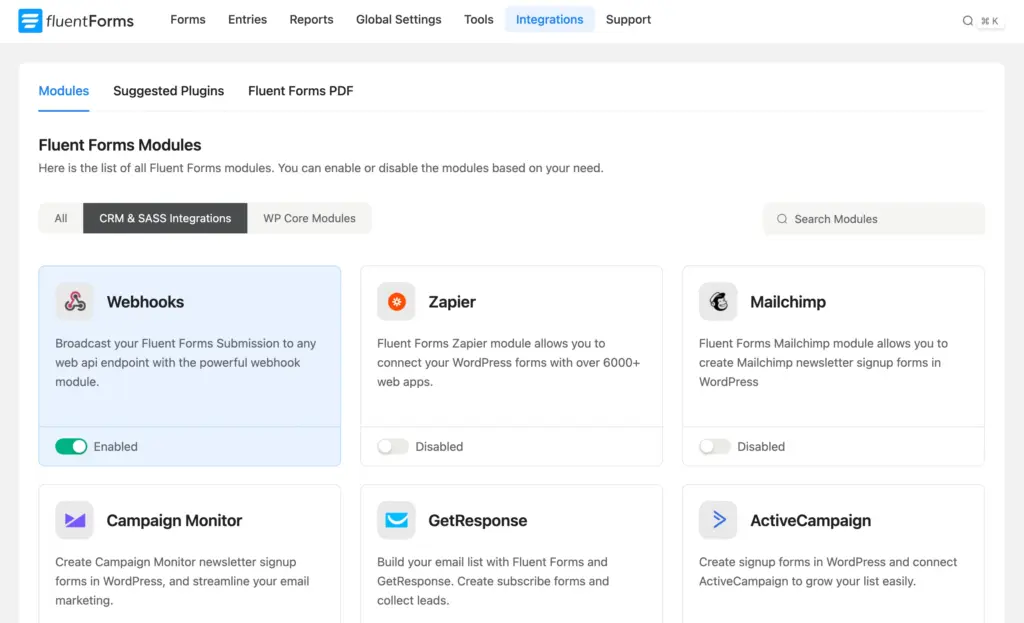 Fluent Forms Enable the webhooks module