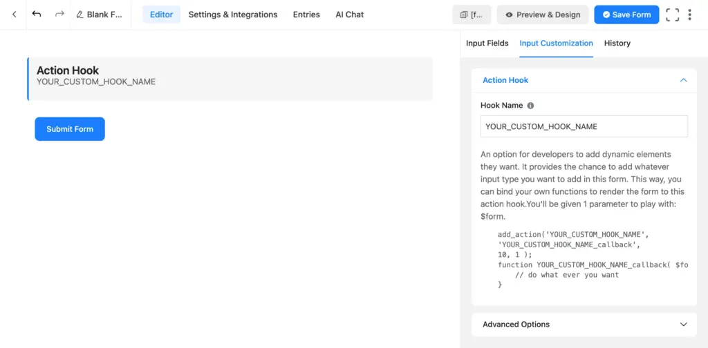 Fluent Forms action hook field