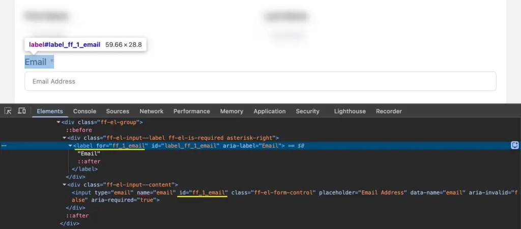 Fluent Forms accessibility: input fields get a programmatically associated label when you fill in the Element Label in the editor.