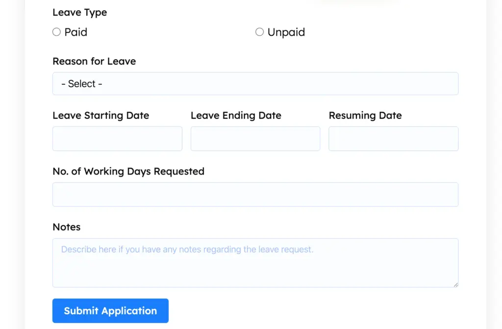 Fluent Forms leave request form screenshot