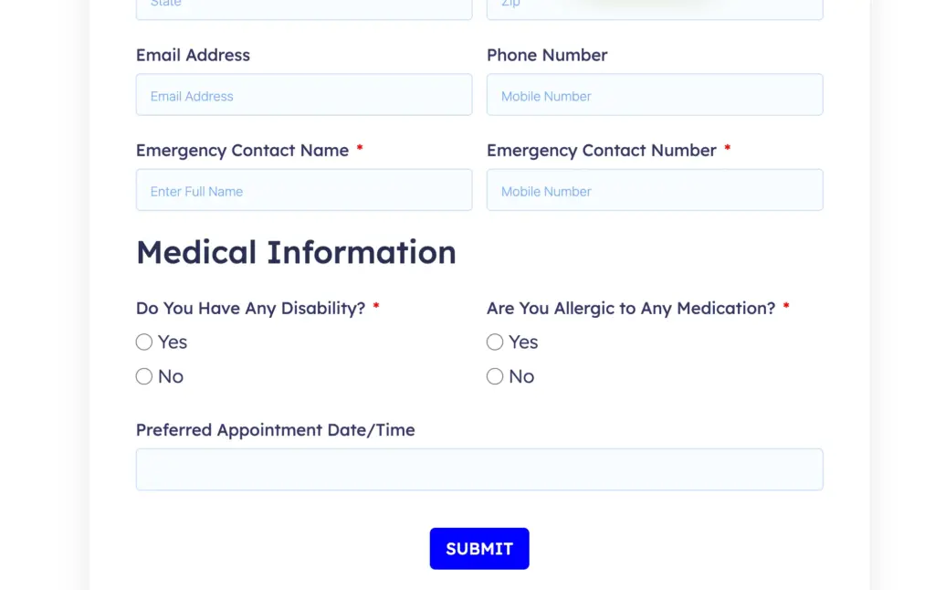 Fluent Forms patient intake form screenshot
