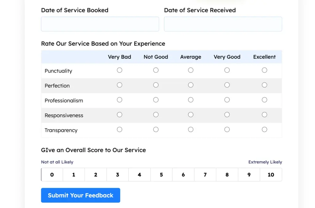 Post-service feedback form template by Fluent Forms