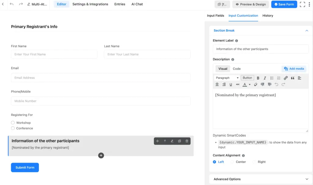 Use Fluent Forms to create a multi-attendee event registration form.