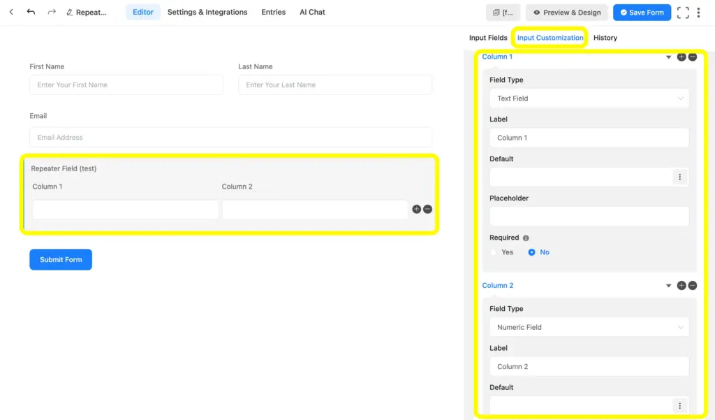 Customize the Fluent Forms repeat input field like including each columns inside the field.