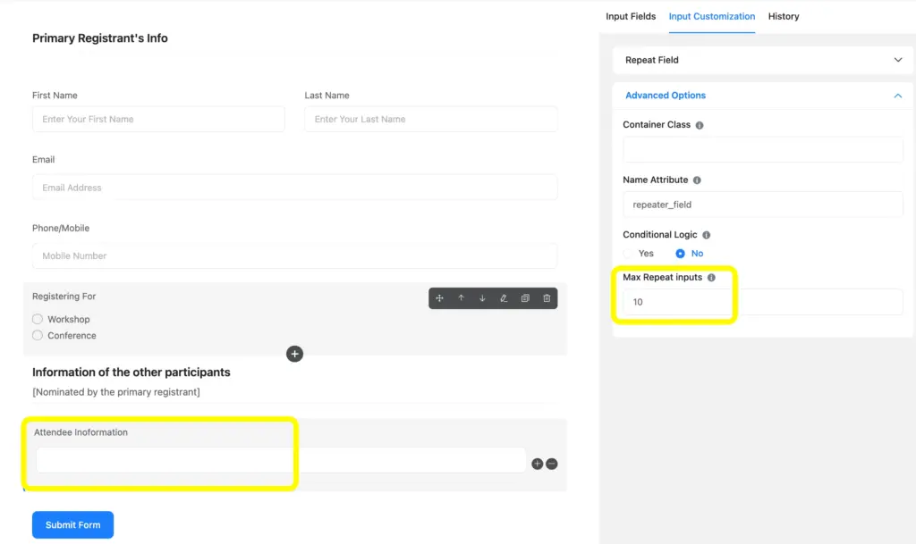 Set the max repeat fields when you use a repeater field, depending on your needs.