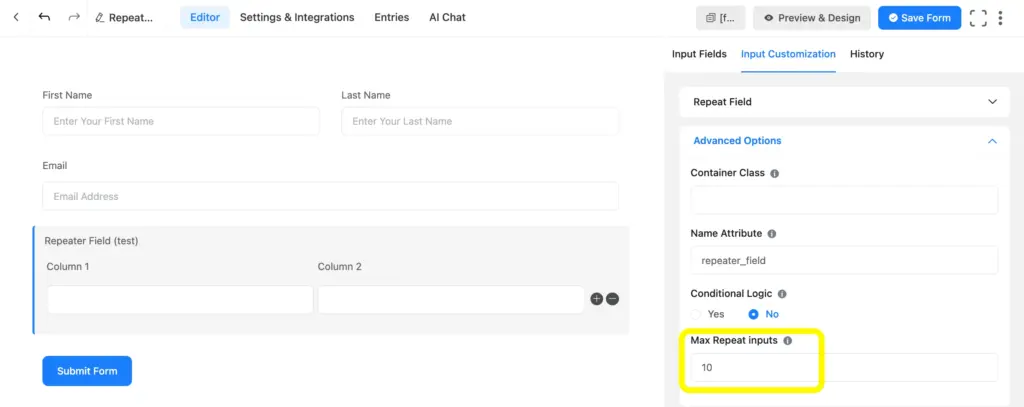 Set the maximum number of repeat fields in the advanced opyions.
