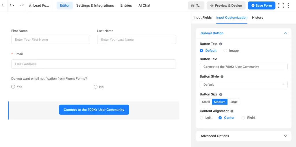 Easily build and customize your lead forms in Fluent Forms editor page.
