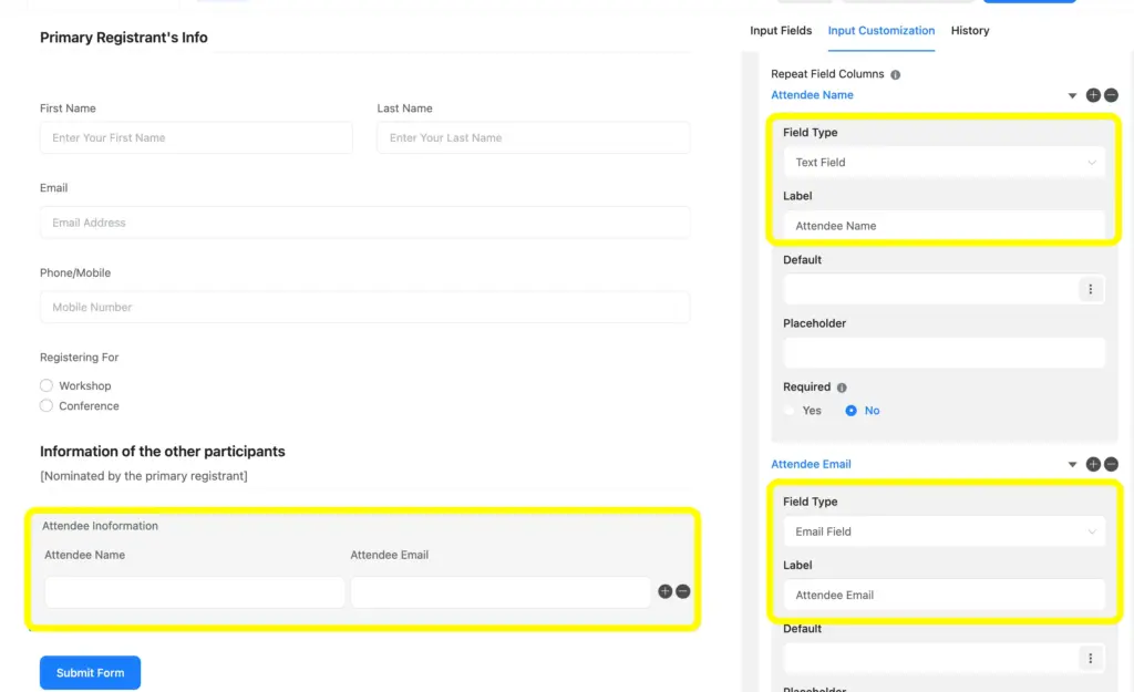 With Fluent Forms, you can edit each of the repeat field columns.