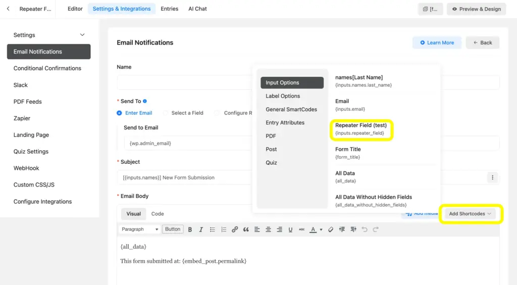 Set up email notification in Fluent Forms from Settings & Integrations.